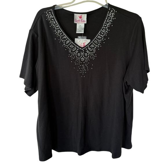 NEW! Quacker Factory Black V Neck Bling short sleeve black t-shirt size 3X - Picture 1 of 8